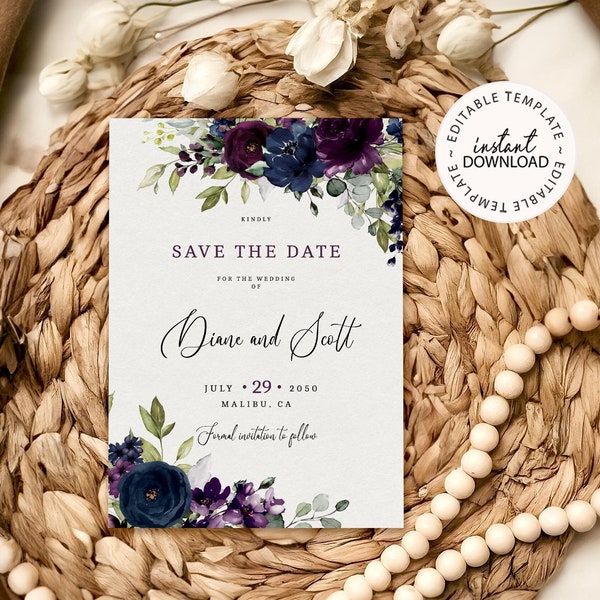 Purple and Navy Floral Save the Date Template, INSTANT DOWNLOAD, Editable Plum Floral Save the Date, Print or send digital, W205