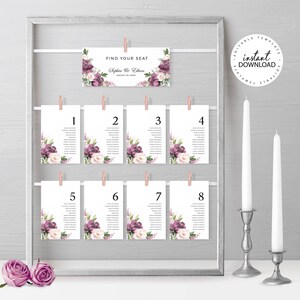 Editable Wedding Seating Chart With Cards, Floral Alphabetical Seating Plan, INSTANT DOWNLOAD, Mauve Pink Floral Hanging Cards, W148