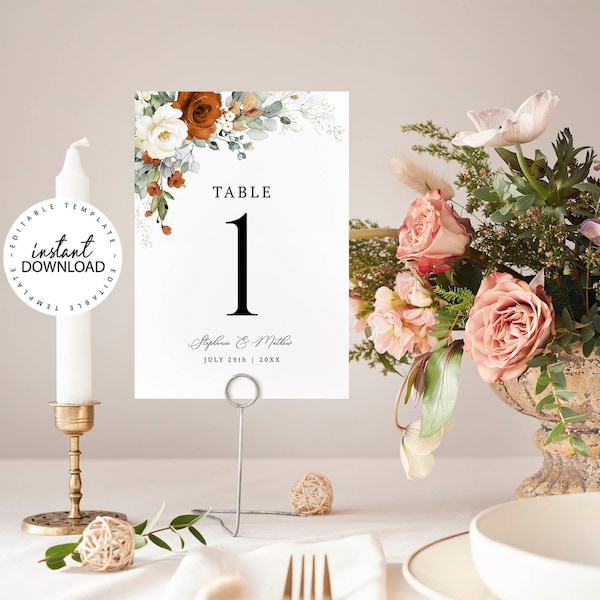LYRA - Editable Wedding Table Number Template, INSTANT DOWNLOAD, Burnt Orange and White Floral Table Numbers, 5x7, Printable , w179