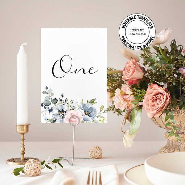 SERENE - Editable Floral Wedding Table Number Template, Blush Pink and Powder Blue Printable Table Numbers, INSTANT DOWNLOAD,  W34