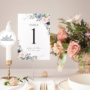 SERENE - Editable Table Number Template, Pink and Blue Printable Wedding Table Numbers, INSTANT DOWNLOAD,  Faux Gold Wedding Numbers, W34