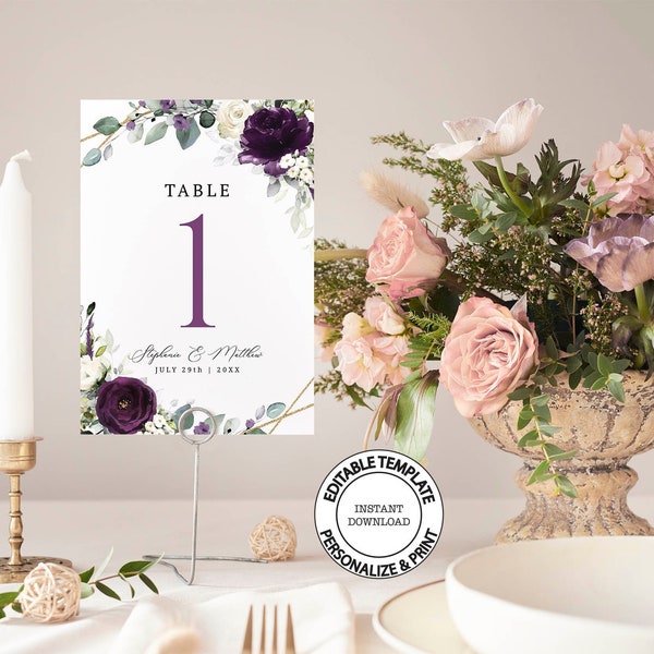 Purple Floral Wedding Table Number Template, Eggplant Mauve Editable Table Numbers, Printable Wedding Number 5x7, Editable numbers, W102