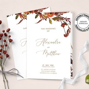 Pode incluir: Modelo de convite de casamento editável com um design floral com cores outonais como vermelho, laranja e marrom. O texto diz "O casamento de Alexandra e Matthew" com a data e o local do casamento.