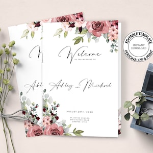 Może przedstawiać: Drukowany szablon programu ceremonii ślubnej z kwiatowym wzorem z różowymi i bordowymi różami, zielenią i białymi kwiatami. Tekst brzmi: "Witamy na ślubie Ashley i Michaela, 29 sierpnia 2050, Kościół św. Jana, 123 Church Road, Draper, Utah".