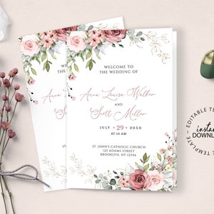 May include: Two wedding invitation cards with floral arrangements in pink and green. The cards read "Welcome to the Wedding of Anne Louise Walker and Scott Miller" with the date July 29, 2050. Includes a small green and gold decorative item.