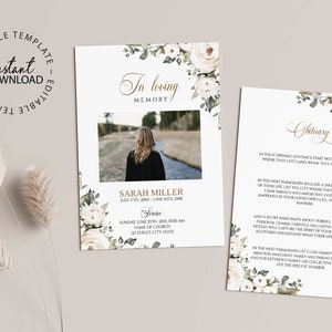 Editable Women's Obituary Template, INSTANT DOWNLOAD,  Rose Flowers Obituary Card, Printable Funeral Card, In Loving Memory, F169