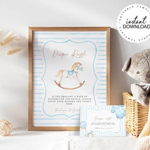 Diaper Raffle Sign and Insert Card Template, Baby Shower Rocking Horse Sign, Printable, Editable, Baby Boy Shower Signage, W210