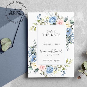 Editable Blue White and Pink Save the Date Template, Printable Baby Blue Flowers Save the Date Card, INSTANT DOWNLOAD, W182