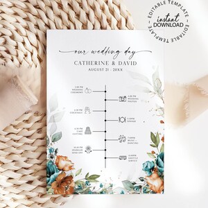 May include: A wedding day timeline on white paper with floral accents. The text reads "our wedding day" and lists the names Catherine & David, and the date August 21, 20XX. The timeline includes wedding ceremony, cocktails, dinner, and dancing.