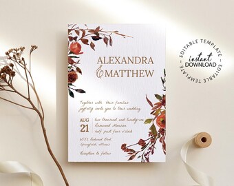 Fall floral wedding invitation, Editable template, Burnt orange invitation, Wild flowers invitation, Rust orange wedding invite, W98