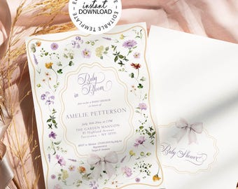 Baby Shower Invitation Template: Purple & Yellow Floral Editable Invite with Bow, Baby in Bloom Sprinkle Invite, Instant Download, W302