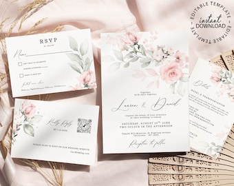 Editable Blush Rose Wedding Invitation Set, RSVP and Details Card, Pale Pink and Green Floral Invite, Invite Template, INSTANT DOWNLOAD, W66