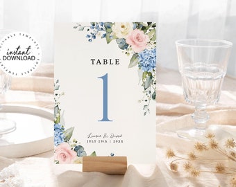 Editable Table Number Template, Pink Blue and White Floral Printable Wedding or Shower Table Numbers, INSTANT DOWNLOAD, Table Sign, W182