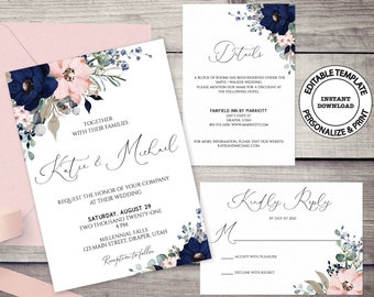 Navy and blush floral wedding invitation set, Editable template, INSTANT DOWNLOAD, Roses flowers wedding invite, RSVP and details, W49