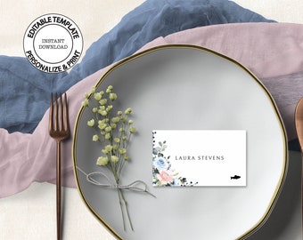 Floral Wedding Place Cards Template, INSTANT DOWNLOAD, Editable, Pink and Blue Name Cards with Meal Option, Guest Name Cards, W164