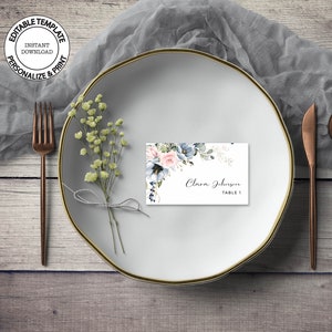 SERENE - Blue and Blush Floral Place Cards Template, Editable Wedding Table Guest Name Card, INSTANT DOWNLOAD, Flat or fold, W34