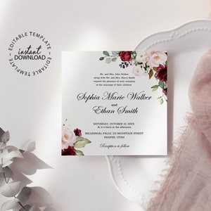 Red and Pale Rose Wedding Invitation, Editable Square Wedding Invite Template, INSTANT DOWNLOAD, Printable Burgundy Floral Invites, W94