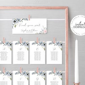 SERENE - Alphabetical Wedding Seating Chart with Hanging Cards, INSTANT DOWNLOAD, Editable Dusty Blue and Blush Floral Seating Plan, W34