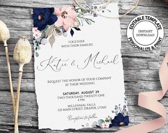 Navy and blush floral wedding invitation template, Editable, INSTANT DOWNLOAD, Blue and dusty pink flowers invite, Printable, W49