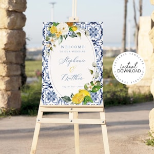 Editable Mediterranean Style Wedding Welcome Sign, INSTANT DOWNLOAD, Yellow and Blue Floral Welcome Poster, W216
