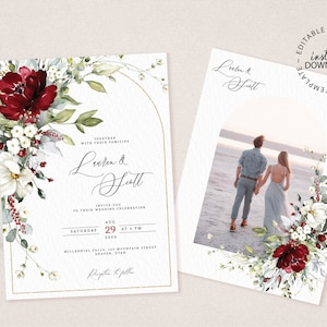 Editable Wedding Invitation Template, Red and White Floral Wedding Invite, INSTANT DOWNLOAD, Faux Gold Shape Invites, Printable, W33