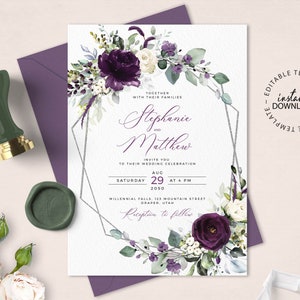 Editable Purple  and Silver Wedding Invitation Template, INSTANT DOWNLOAD, Floral Plum and White Invite, Printable Dark Violet Invites, W192