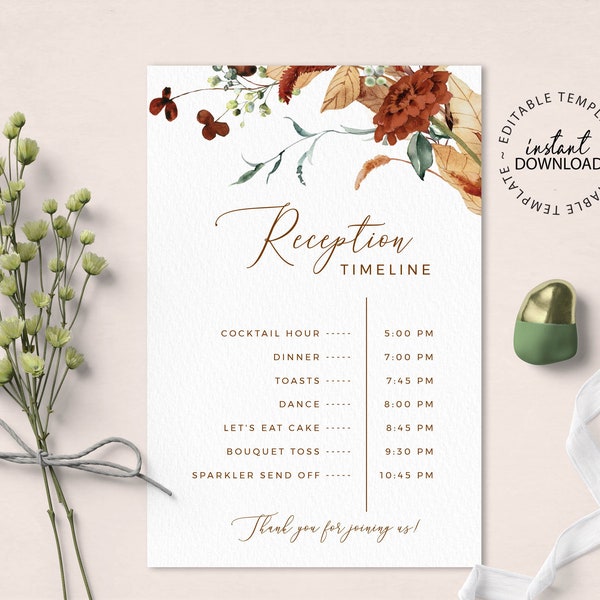 SCARLETT - Fall Floral Reception Timeline Card, Editable Wedding Reception Schedule Template, 4x6, Printable Rust Orange Itinerary, W89