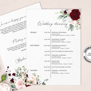 Blush and burgundy floral Wedding Itinerary, Editable Templet DIY, INSTANT DOWNLOAD, Printable Wedding Day Schedule, Bridesmaid Agenda