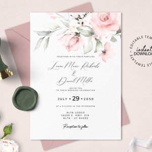 Blush Floral Wedding Invitation Template, Editable Pale Rose Invite, INSTANT DOWNLOAD, Light Pink Roses Wedding Invites, W66