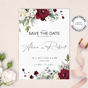 Red floral Save The Date, Editable template, INSTANT DOWNLOAD, Red and white roses save the date, Flowers and greenery, W26