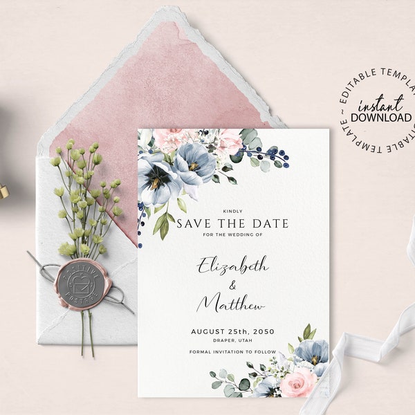 SERENE - Blue floral Save The Date, Editable template, INSTANT DOWNLOAD, Powder blue and dusty pink roses save the date, W34