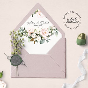EDEN - Floral A7 Hochzeit Briefumschlag Vorlage mit rosa Rosen, A7 Euro Klappe Briefumschlag Liner, druckbare Blush Floral Umschlageinlagen, W48