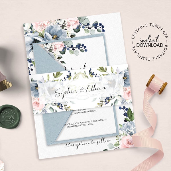 SERENE - Dusty Blue and Blush Floral Belly Band Template, INSTANT DOWNLOAD, Invitation Envelope Wrapper, Wedding Belly Bands for Invite, W34