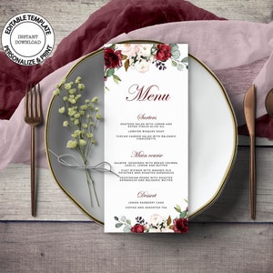 Red and Blush Floral Wedding Menu Template, INSTANT DOWNLOAD, Burgundy and Pink Roses menu, Dinner Table Menus, Editable Menu Templates, W94
