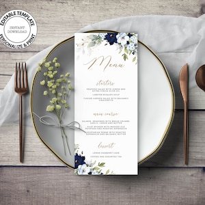 CHLOE - Blue Floral Wedding Menu Card, Editable Template, INSTANT DOWNLOAD, Pale Blue Flowers Printable Bridal Brunch Dinner Menu, W159