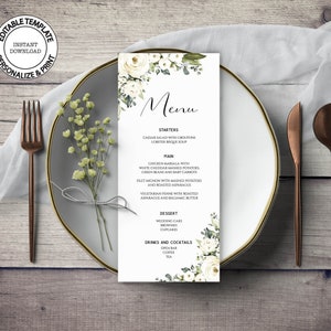 Editable White Floral Wedding Menu Template, INSTANT DOWNLOAD, Cream Roses Festive Menu, Printable 4x9 Menu, W76