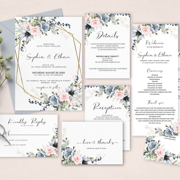 SERENE - Gold Floral Wedding Invitation Set, Editable Template, INSTANT DOWNLOAD, Dusty Blue and Pink Floral Wedding Invite Bundle, W34