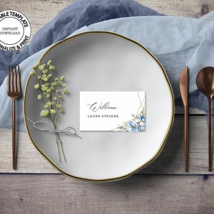 LARA - Editable Place Cards Template, INSTANT DOWNLOAD, Blue Floral Name Cards, Pale Blue and Gold Name Cards, Table Guest Name Card, W78