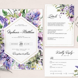 Purple Floral Wedding Invitation Set, Editable Mauve Flowers Wedding Invite suite, Violet Invitation Template, INSTANT DOWNLOAD, W05