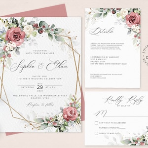 KIRA - Floral and Gold Geometric Wedding Invitation Set, Editable White and Old Rose Floral Wedding Invite Template, INSTANT DOWNLOAD, W02