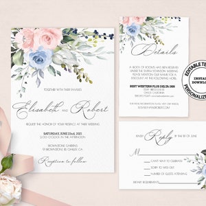 Editable blush and blue floral Wedding Invitation suite templates, INSTANT DOWNLOAD, Pink and blue roses invite, RSVP and Details card, W164