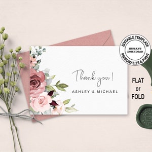 THEA - Florale Dankeskarten Vorlage, bearbeitbar, SOFORTIGER DOWNLOAD, flach oder gefaltet Hochzeit Dankeskarten mit Blush Pink Blumen, w25