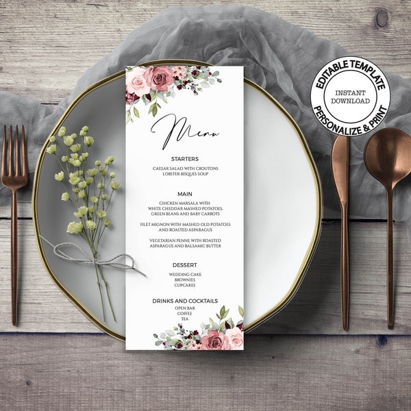 THEA - Floral Wedding Menu Card Template, Editable, INSTANT DOWNLOAD, Blush Roses Printable Bridal Shower Brunch Dinner Menu, W25