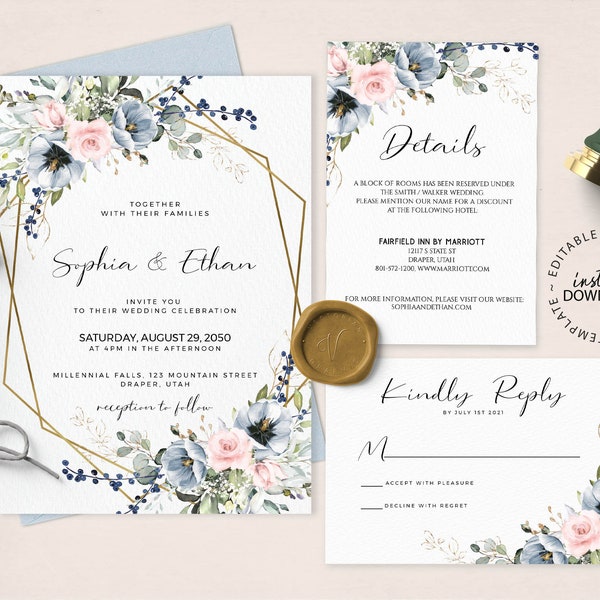 SERENE - Gold Geometric Floral Wedding Invitation Set, Editable Template, INSTANT DOWNLOAD, Dusty Blue and Pink Floral Wedding Invite, W34