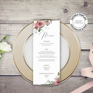 Floral editable Menu template, INSTANT DOWNLOAD, Blush and dusty red flowers wedding menu, Boho roses menu printable, W17
