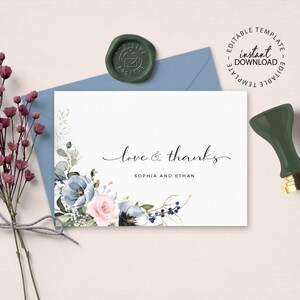 SERENE - Dusty Blue and Pink Floral Wedding Thank You Card, Editable Template, INSTANT DOWNLOAD, Folded Faux Gold Thank You Cards, W34