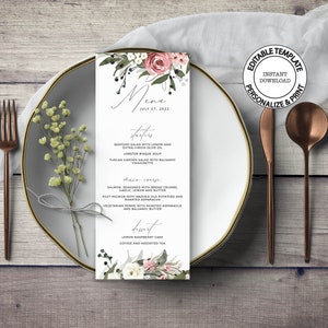 TESSA - Plantilla de menú de boda floral rosa y blanco, menú de mesa de boda editable, DESCARGA INSTANTE, Menú de flores y vegetación imprimible, W08