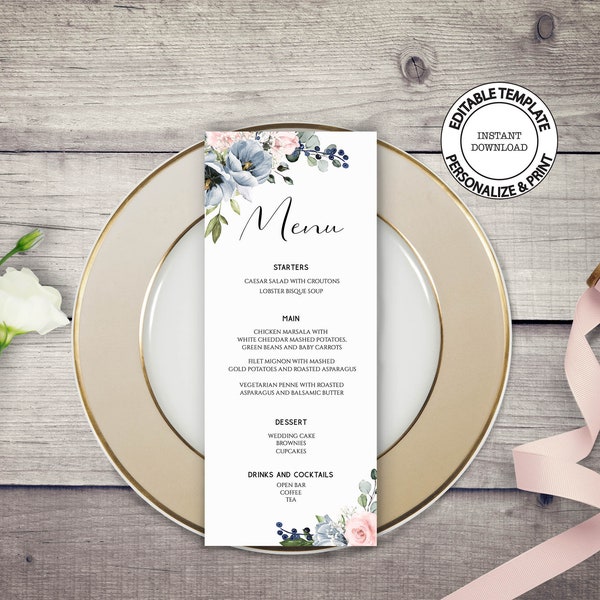 SERENE - Dusty blue and blush floral Wedding Menu template, Editable, INSTANT DOWNLOAD, Blue and pink flowers printable menu, W34