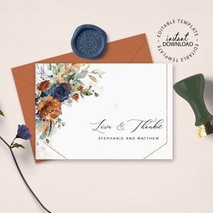SIA - Editable Blue and Burnt Orange Thank You Card Template, INSTANT DOWNLOAD, Fall Floral Printable Thank You Cards, W208