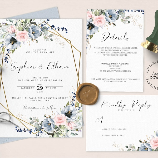 SERENE - Geometric Blue Floral Wedding Invitation Set Template, INSTANT DOWNLOAD, Blue and Pink Flowers and Faux Gold Wedding Invite, W34